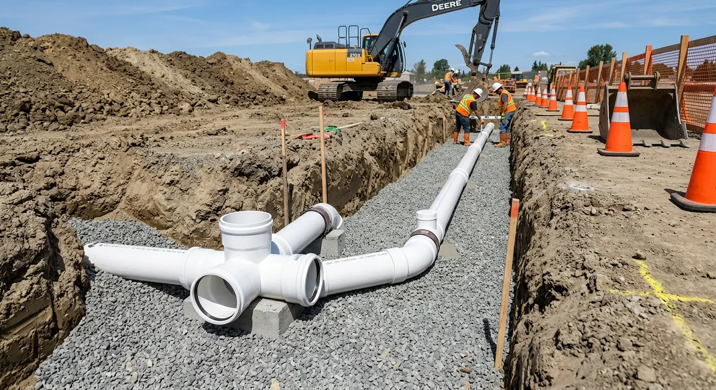 New PVC sewer pipe installation in open trench for Grease Trap Cleaning in Venus