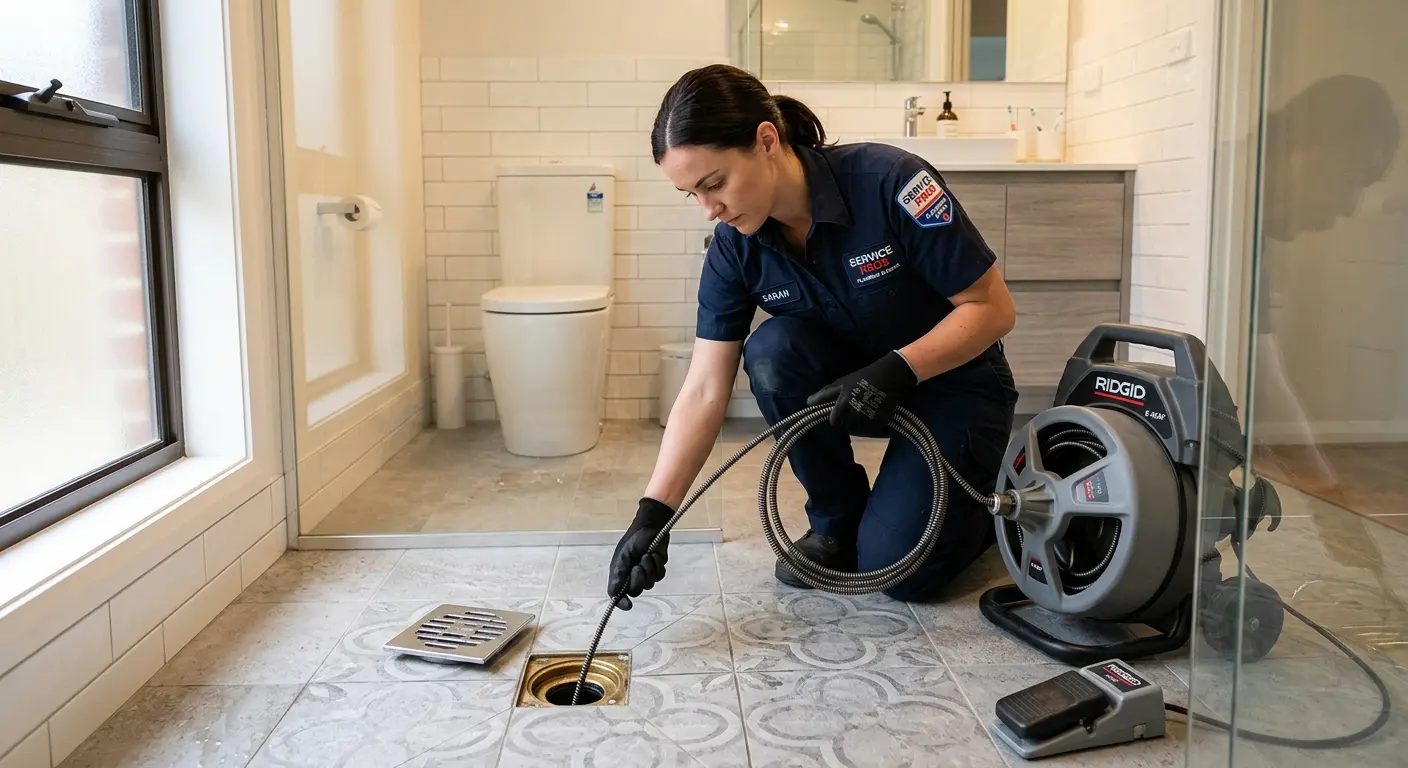 Technician clearing a bathroom floor drain for Clogged Drain Repair in Venus